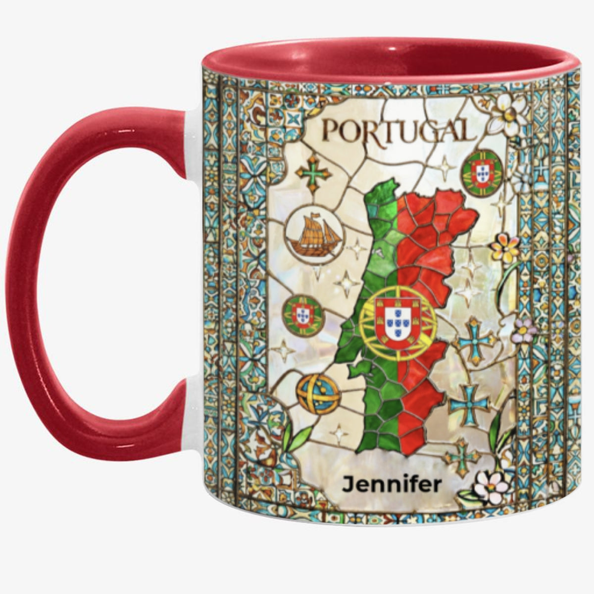 Custom Portugal Accent Mug With Flower Patterns
