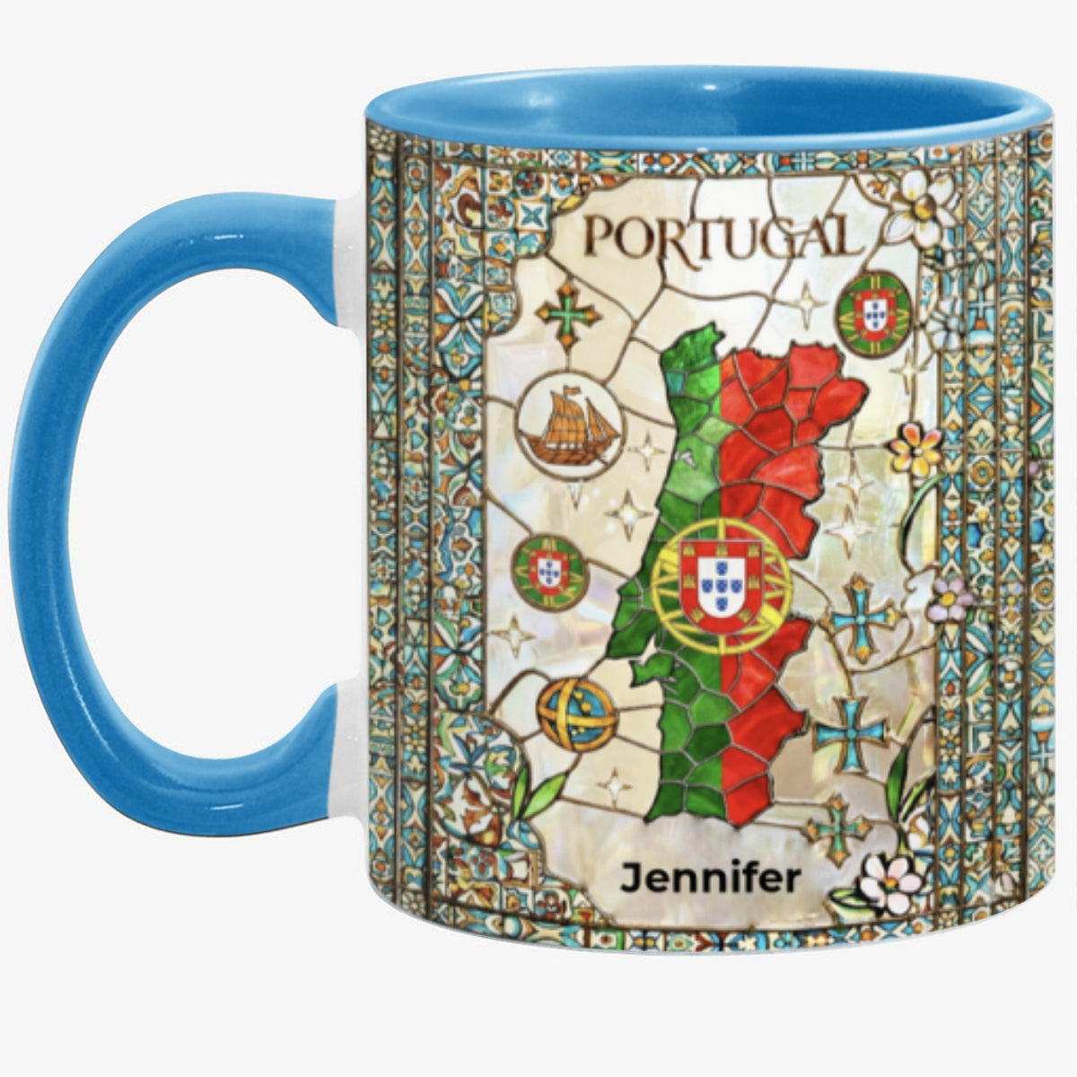 Custom Portugal Accent Mug With Flower Patterns