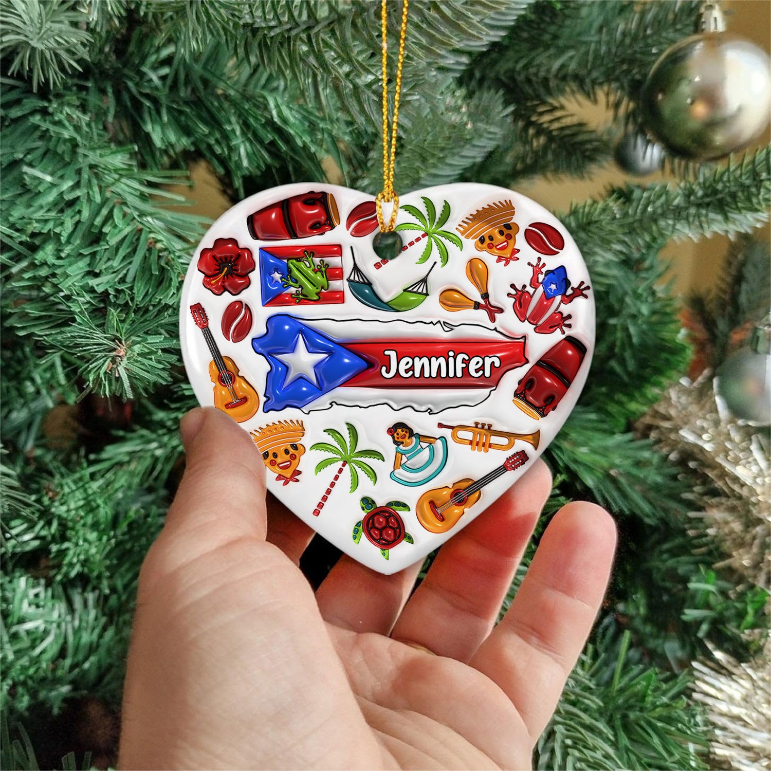 Custom Puerto Rico Heart Ornament With Many Symbols