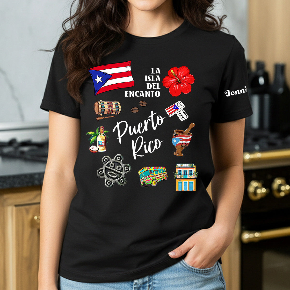 Custom Puerto Rico Symbols T-shirt With Name On The Sleeve