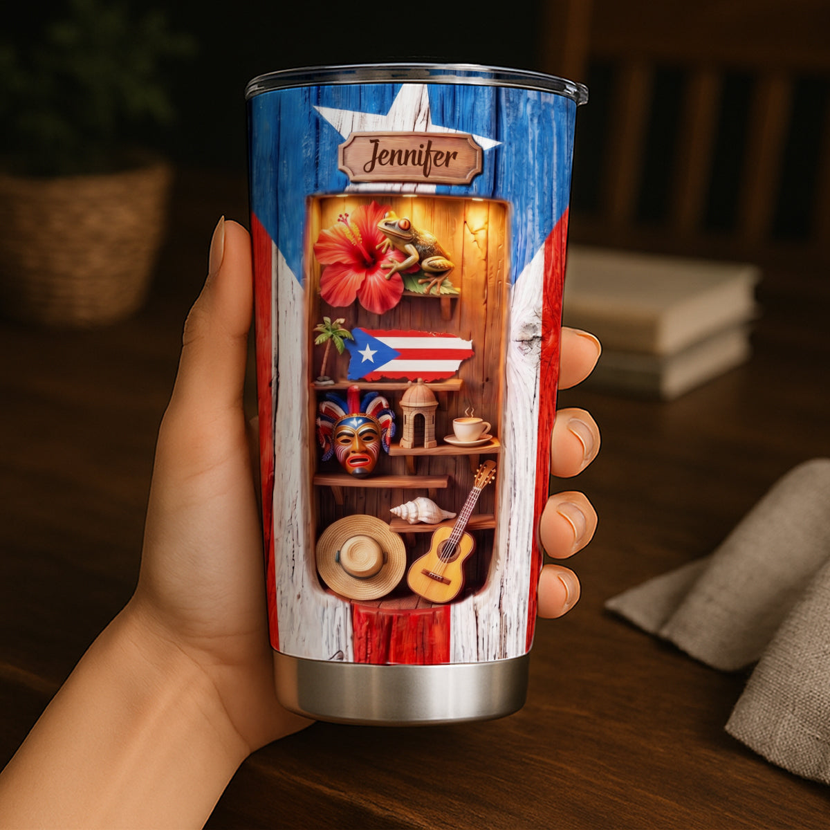 Custom Puerto Rico Tumbler With 3D Effect And Wood Texture Print