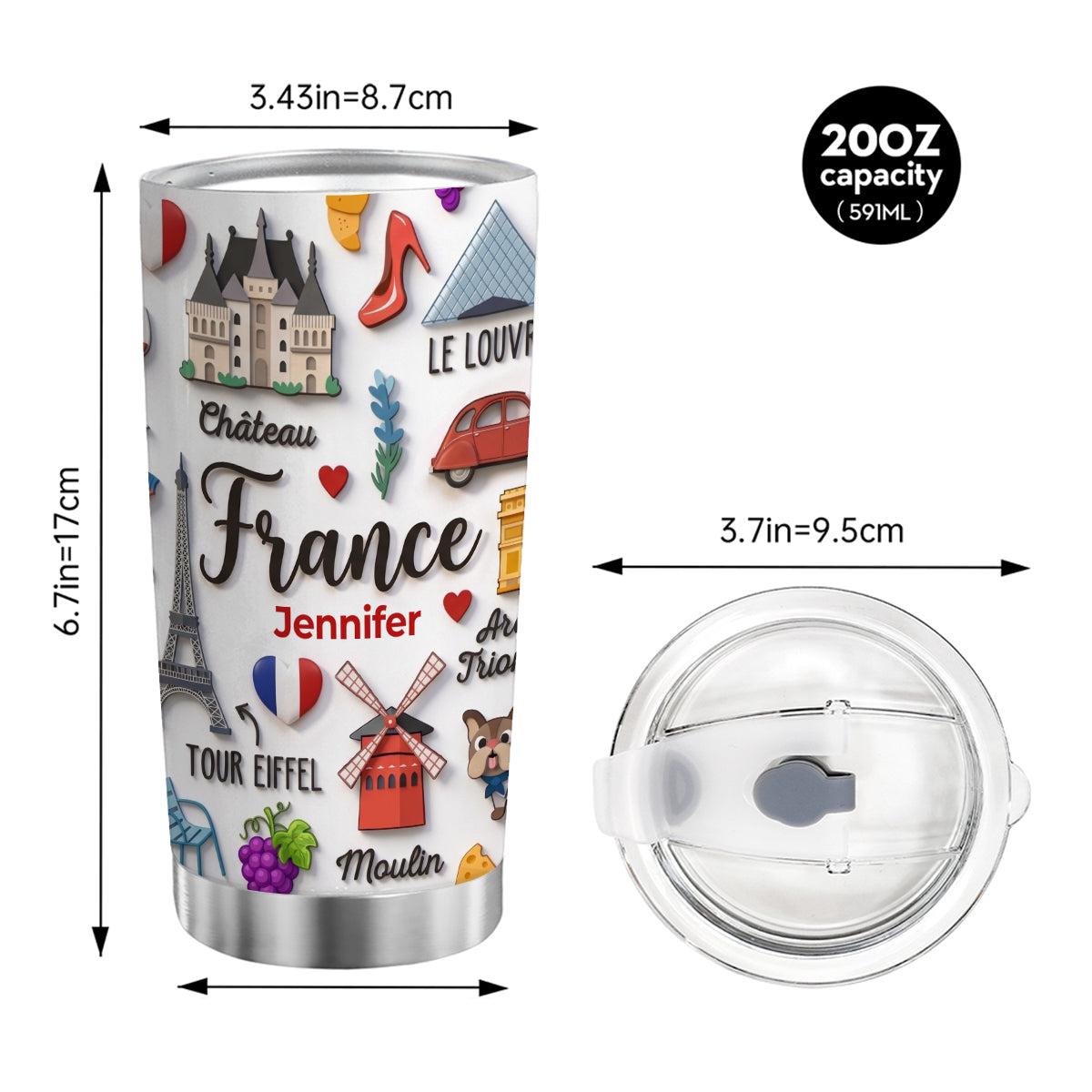France Tumbler With Custom Your Name Emboss Effect