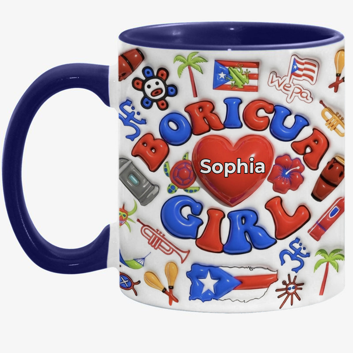 Custom Boricua Girl Accent Coffee Mug Cup With Name On Heart