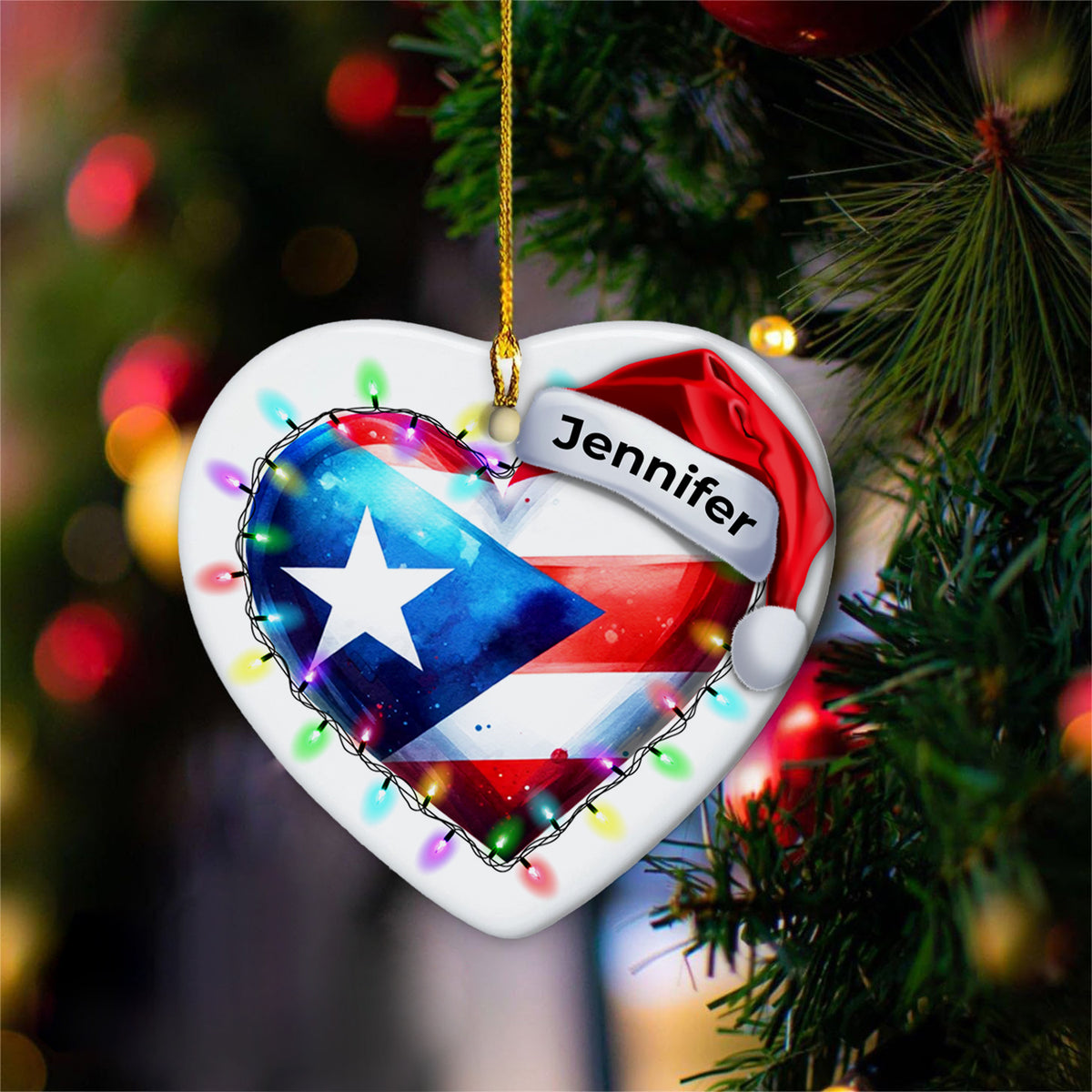 Custom Puerto Rico Light Christmas Heart Ornament