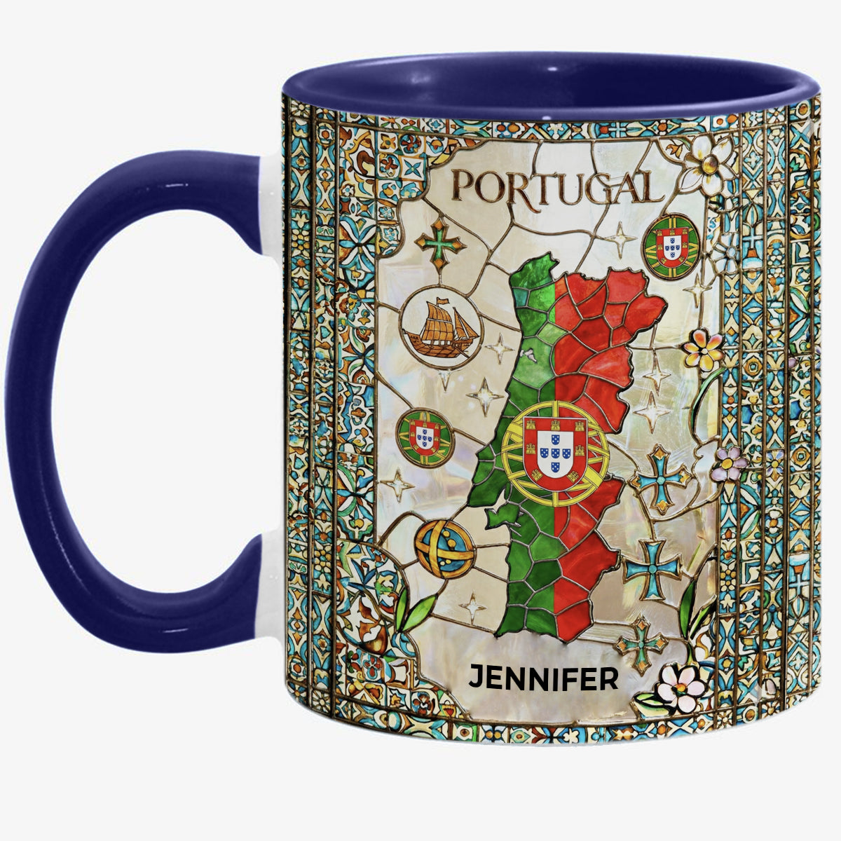Custom Portugal Accent Mug With Flower Patterns