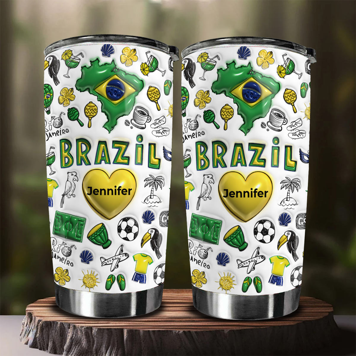 Custom Brazil Symbols Tumbler With Name On Heart 