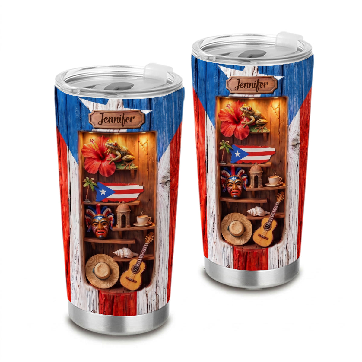 Custom Puerto Rico Tumbler With 3D Effect And Wood Texture Print