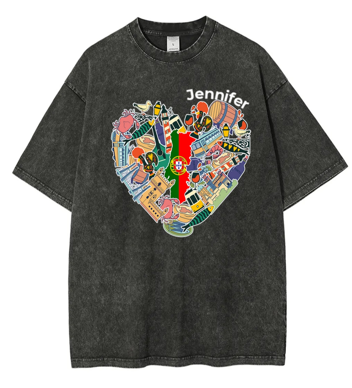 Custom Portugal Washed T-shirt With Mixed Symbols