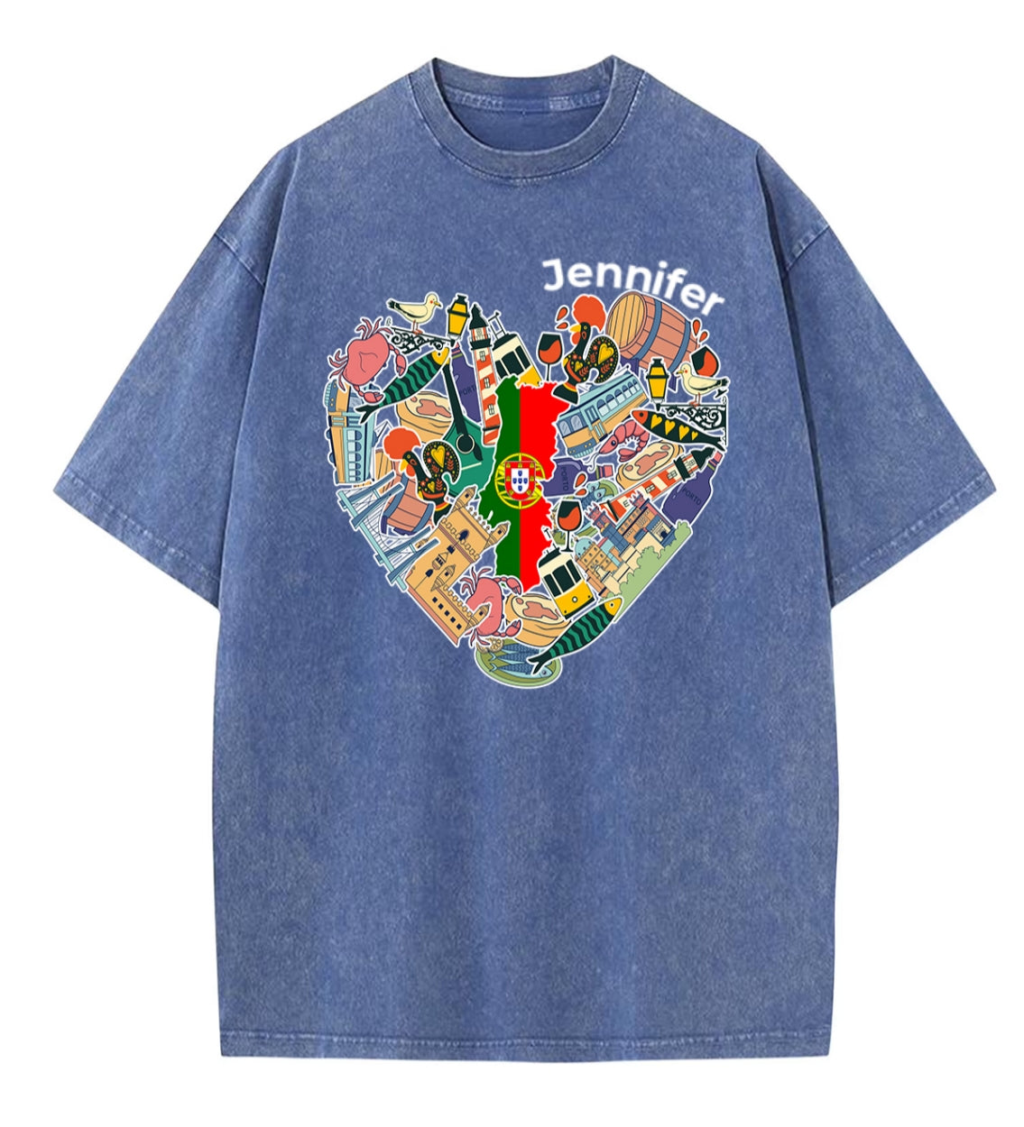 Custom Portugal Washed T-shirt With Mixed Symbols