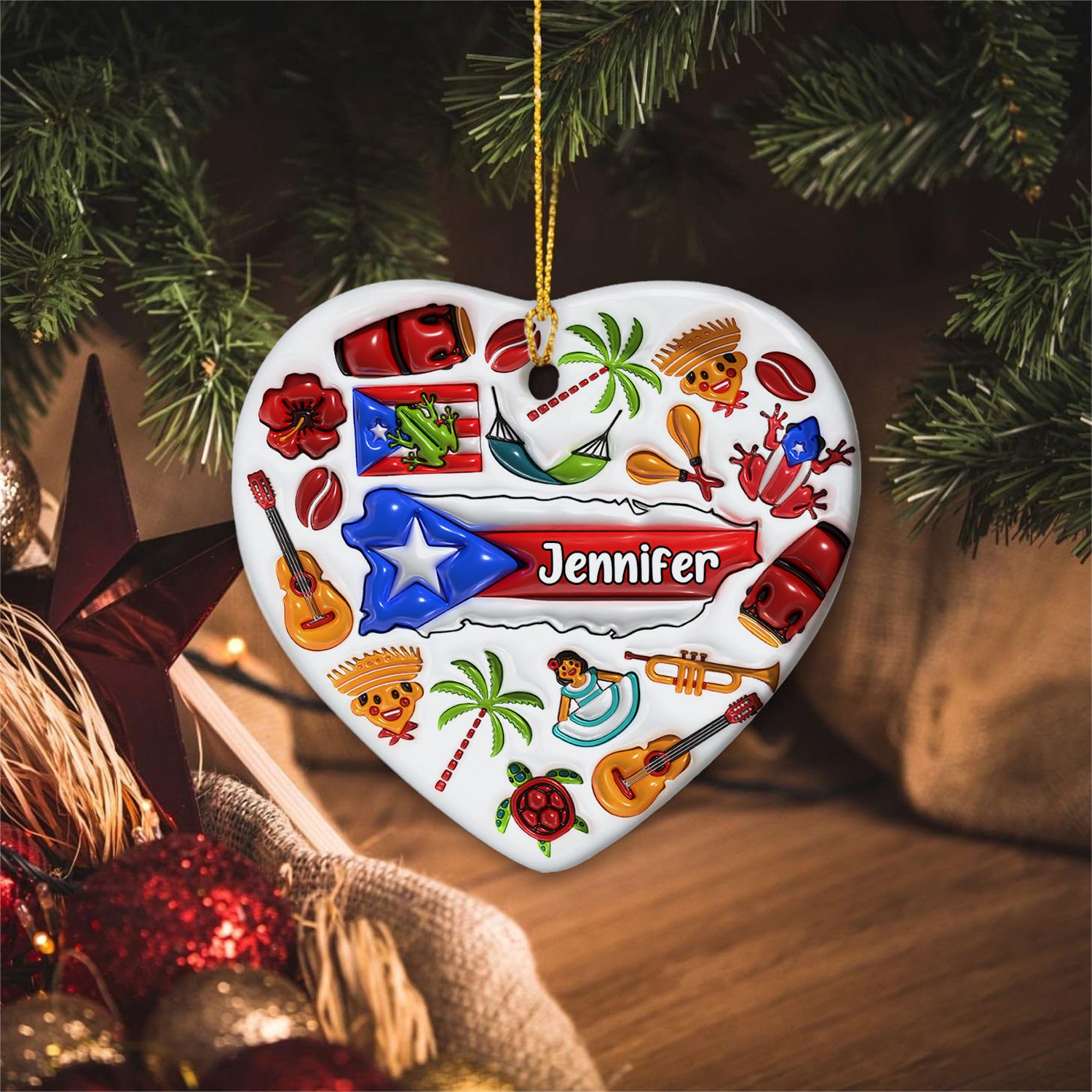 Custom Puerto Rico Heart Ornament With Many Symbols