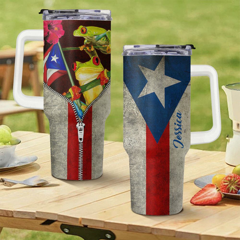 Personalized Puerto Rico 40oz Tumbler With Straw Frog Zipper Flag