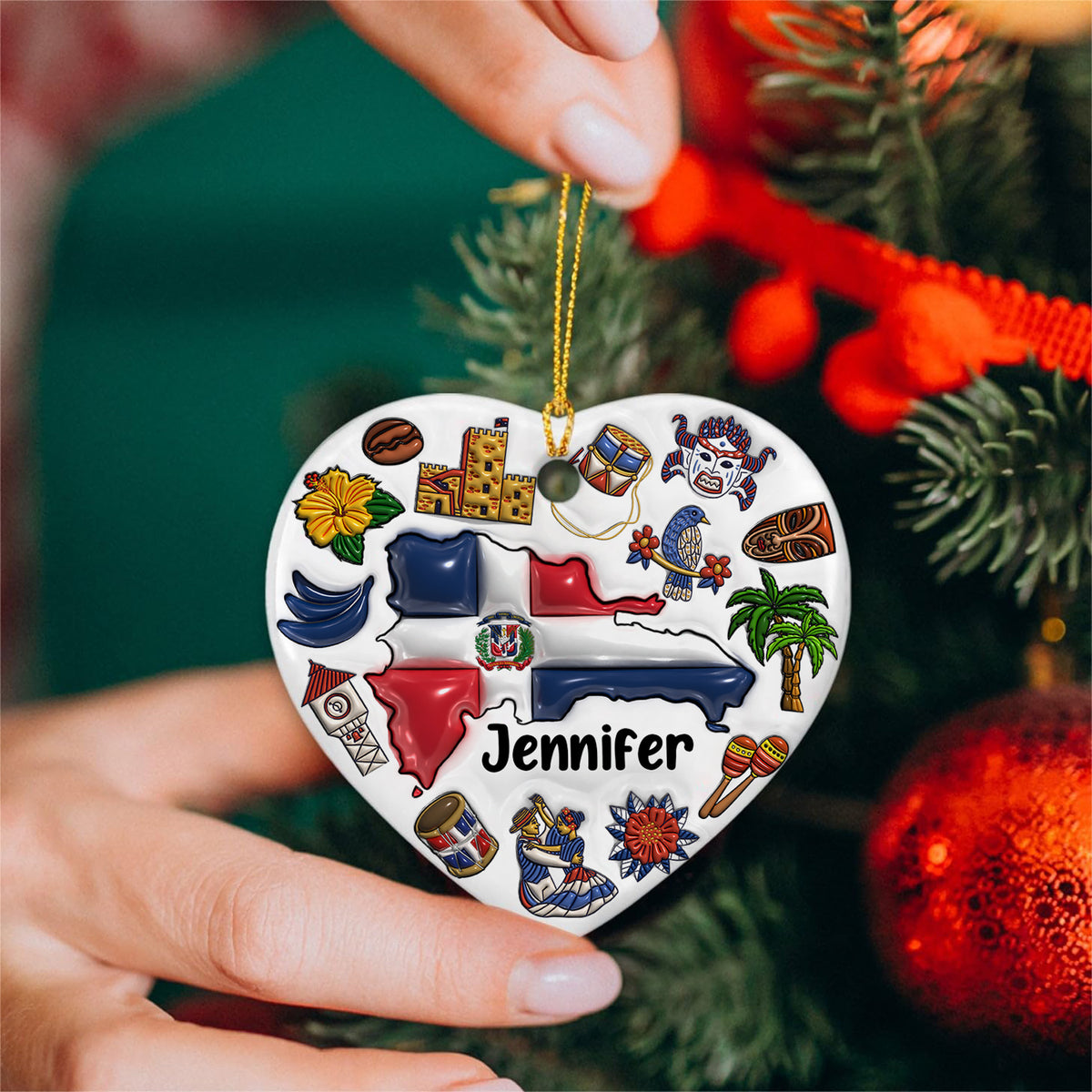 Custom Dominican Republic Heart Ornament With Many Symbols