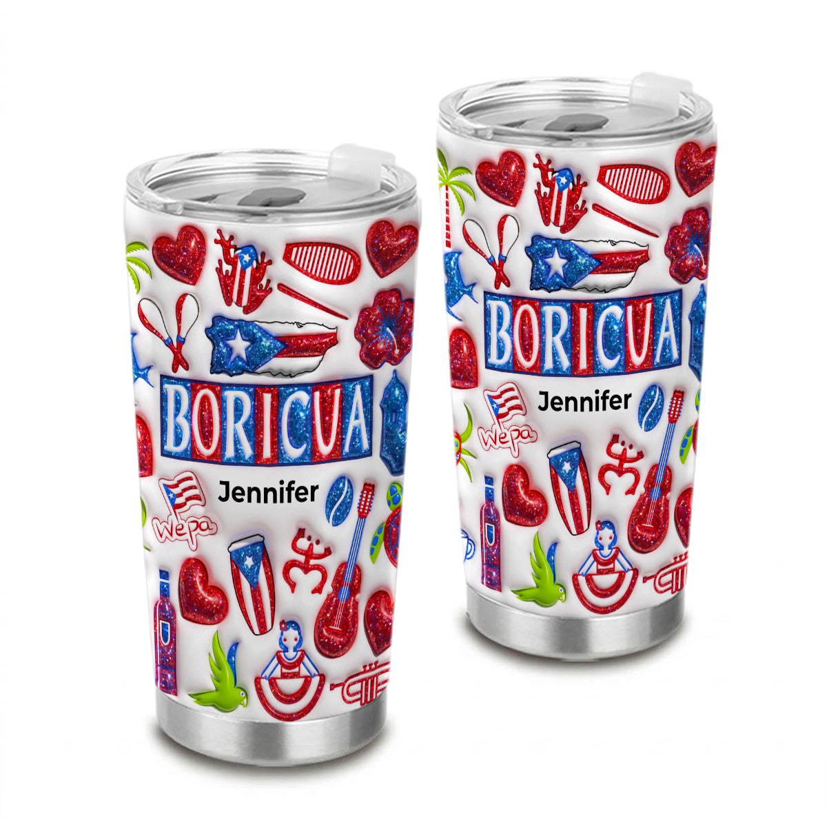Custom Boricua Tumbler With Your Name With Glitter Effect Print