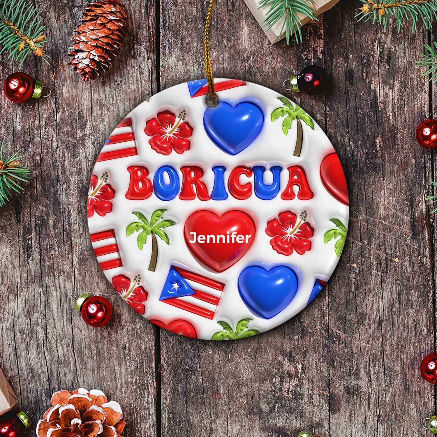 Custom Puerto Rico Boricua Ornament With Heart Symbols
