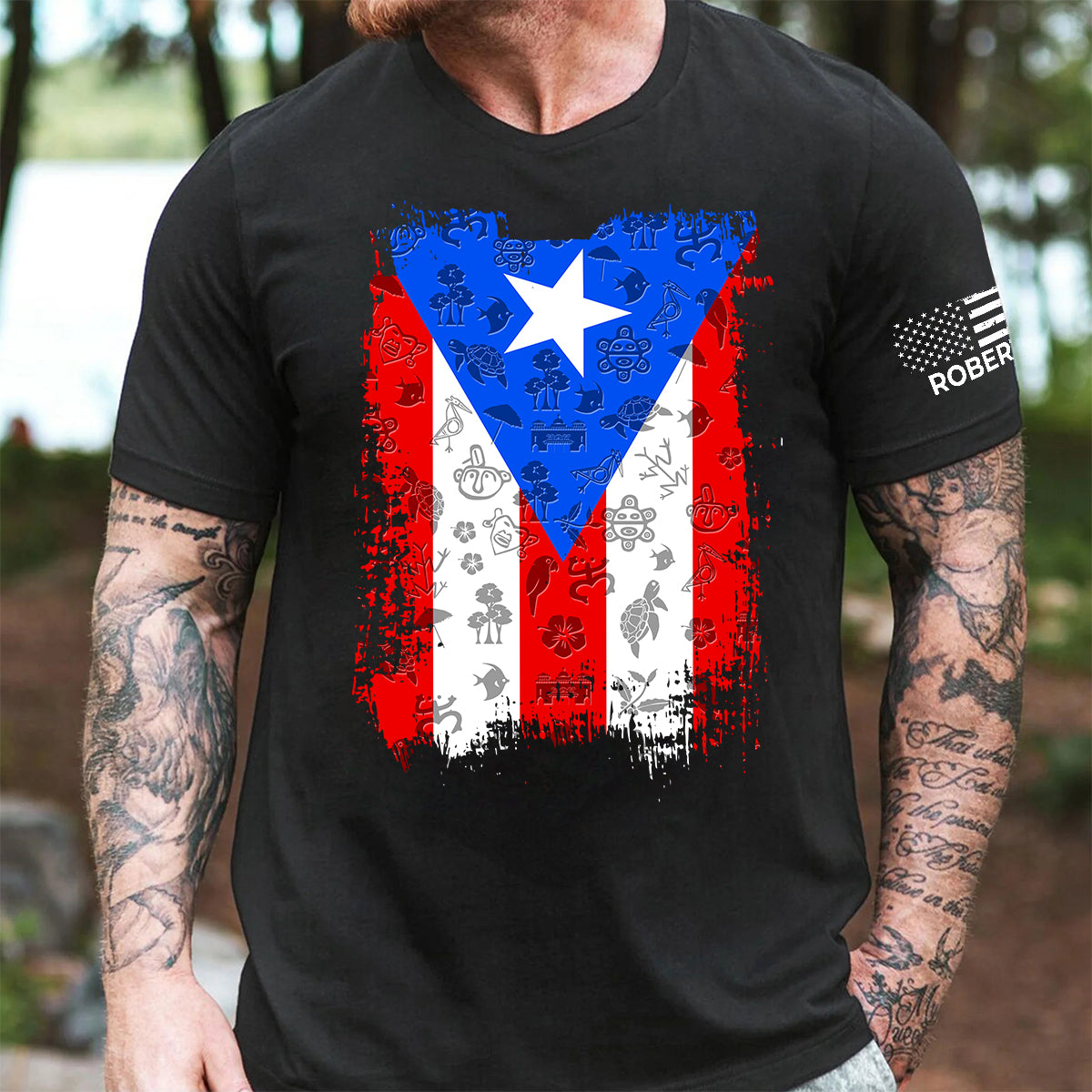 Puerto Rico Flag T-Shirt with Custom Name On Sleeve