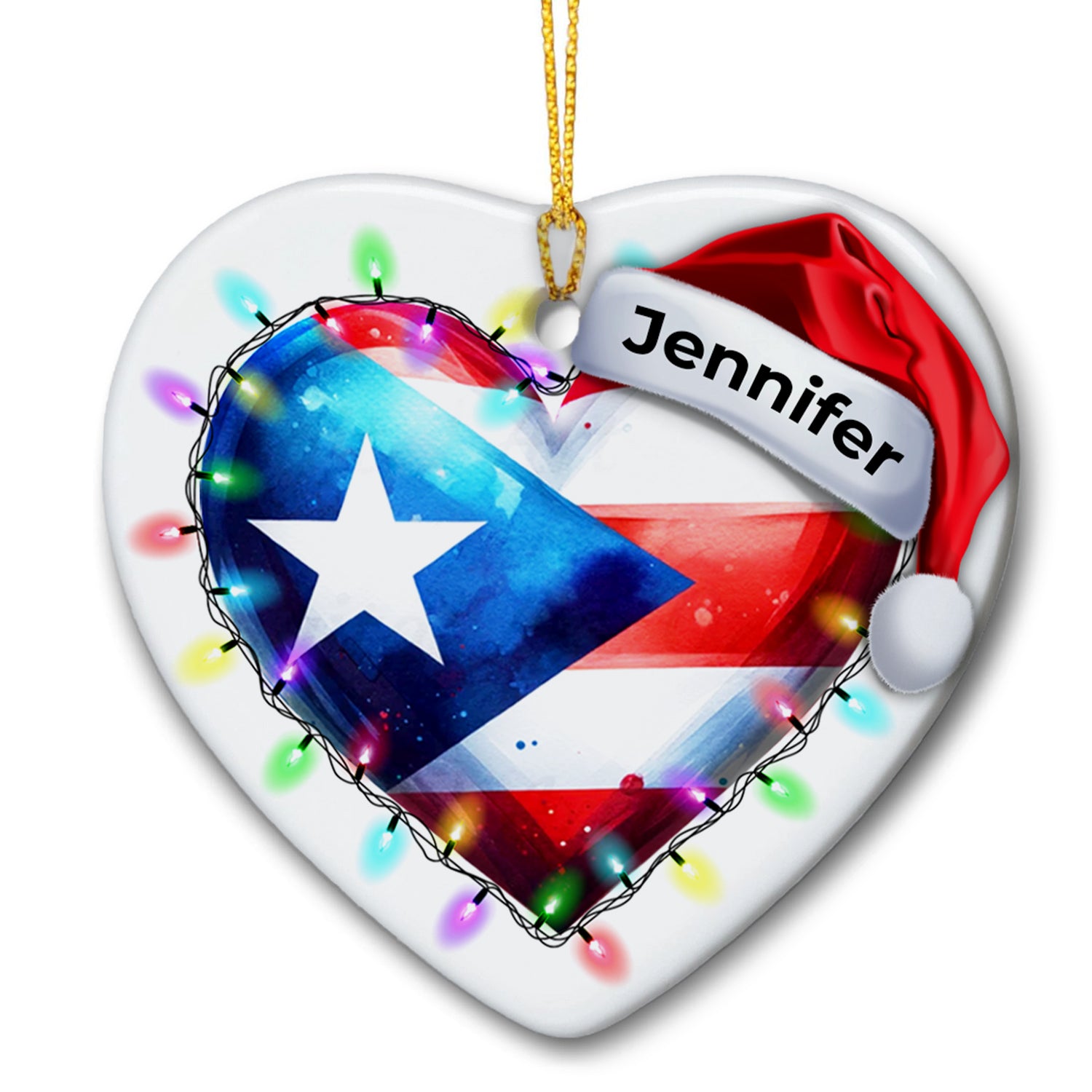 Custom Puerto Rico Light Christmas Heart Ornament