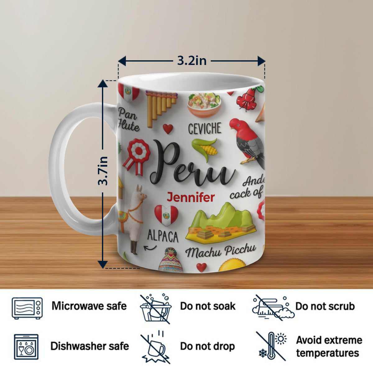 Peru Coffee Mug Cup With Custom Your Name Emboss Effect