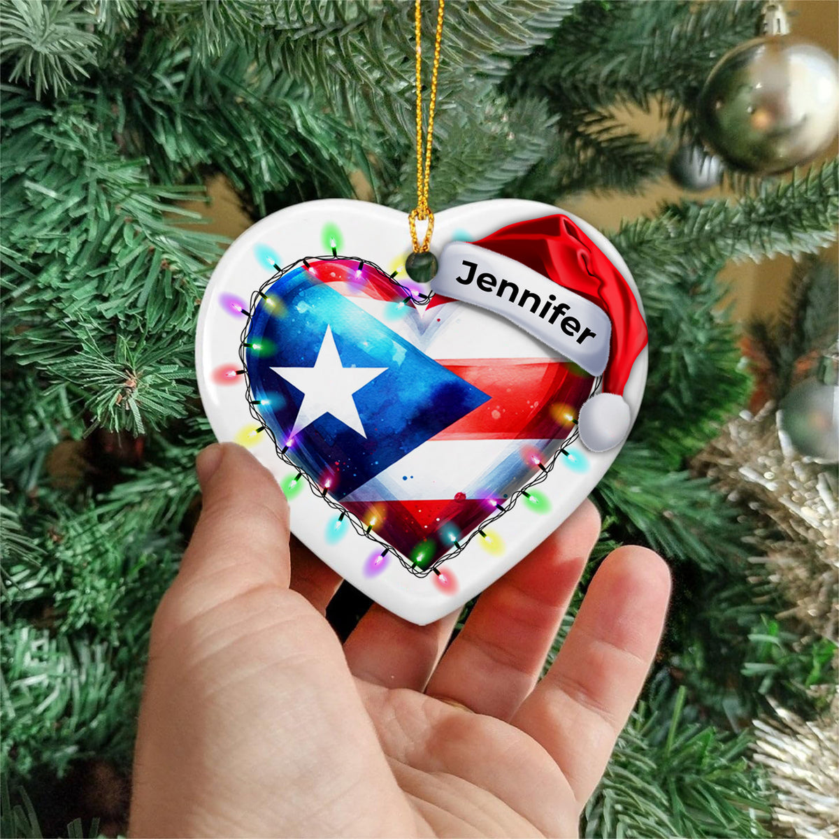 Custom Puerto Rico Light Christmas Heart Ornament