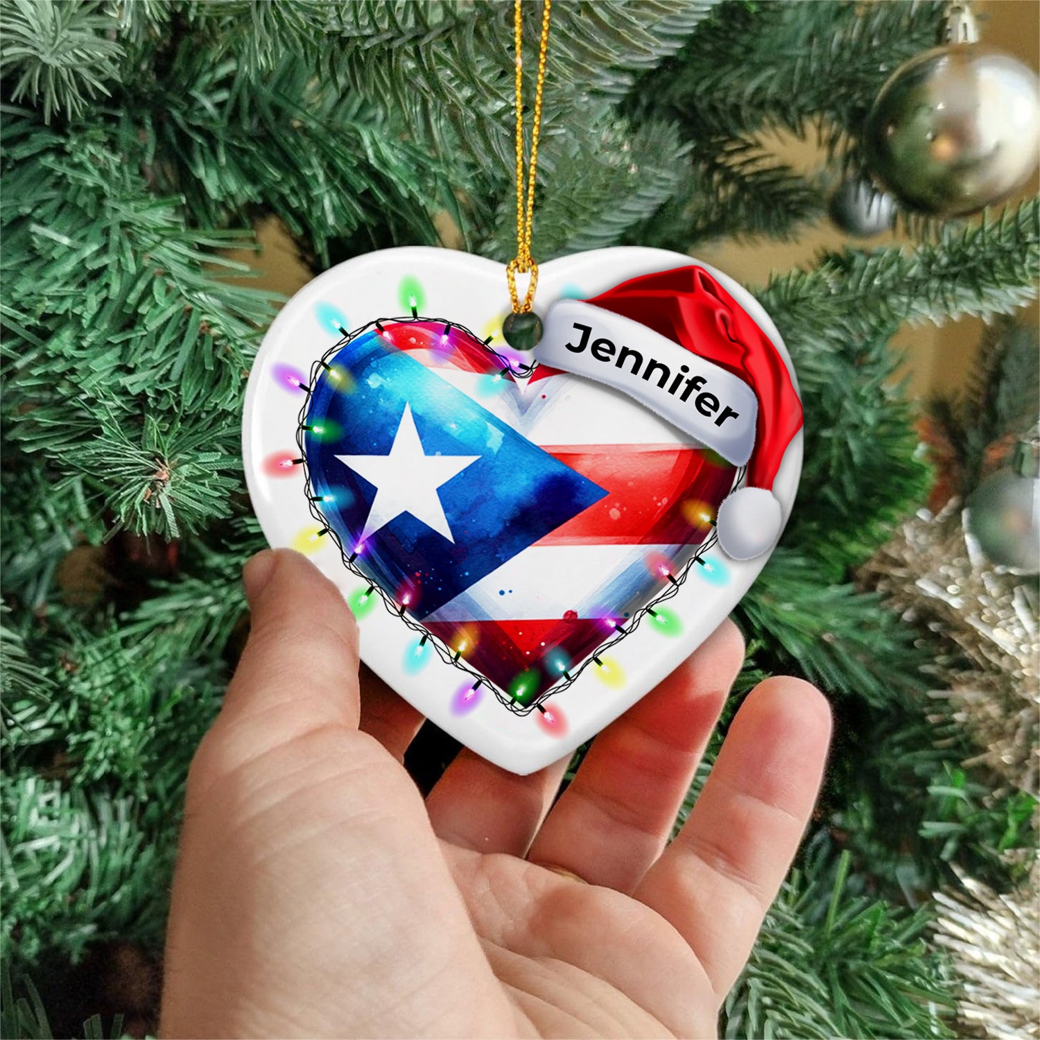Custom Puerto Rico Light Christmas Heart Ornament