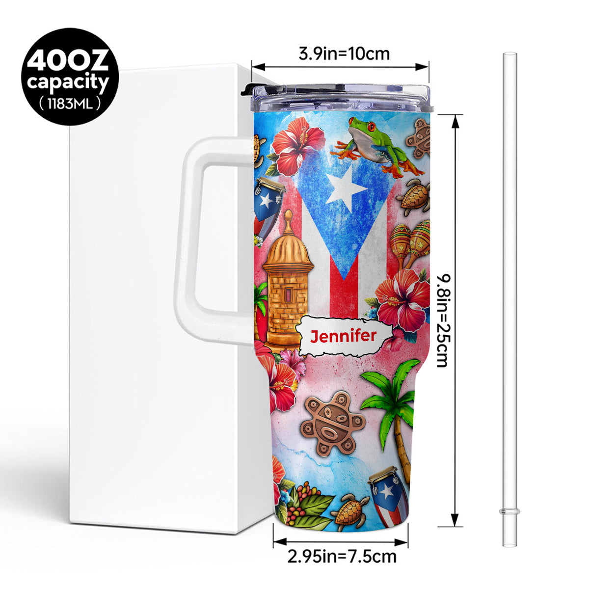 Custom Puerto Rico Tumbler 40oz With Water Color Background, Symbols