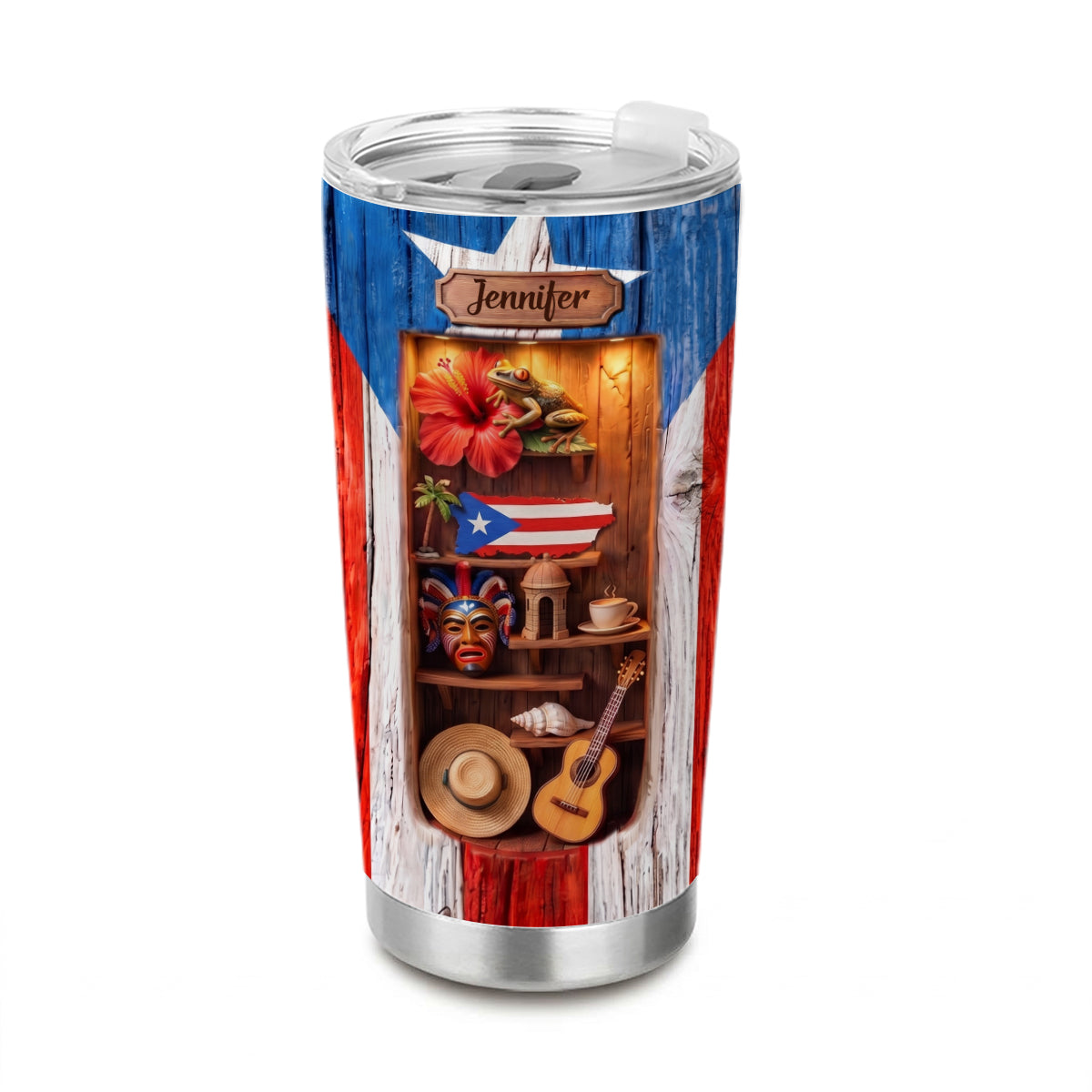 Custom Puerto Rico Tumbler With 3D Effect And Wood Texture Print