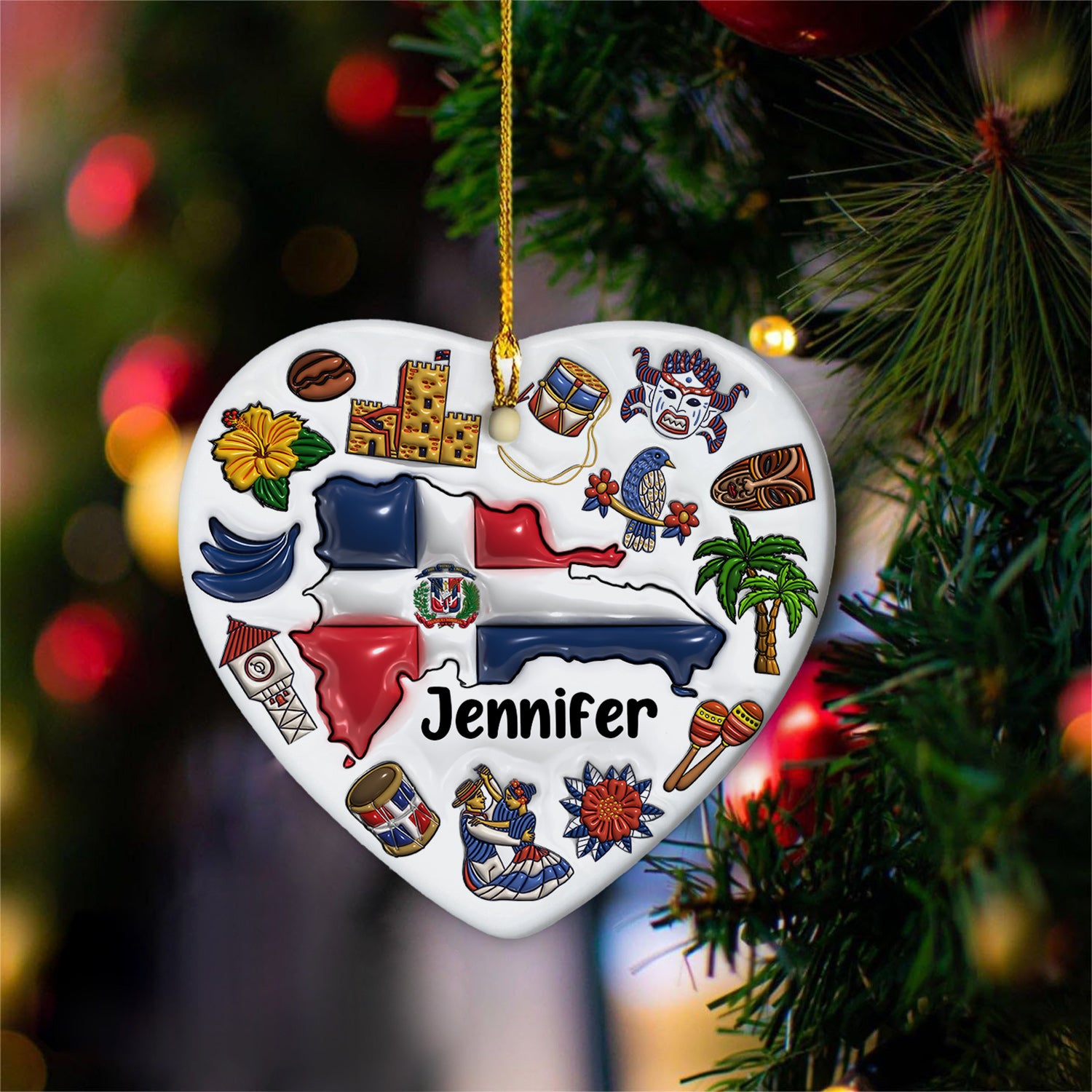 Custom Dominican Republic Heart Ornament With Many Symbols