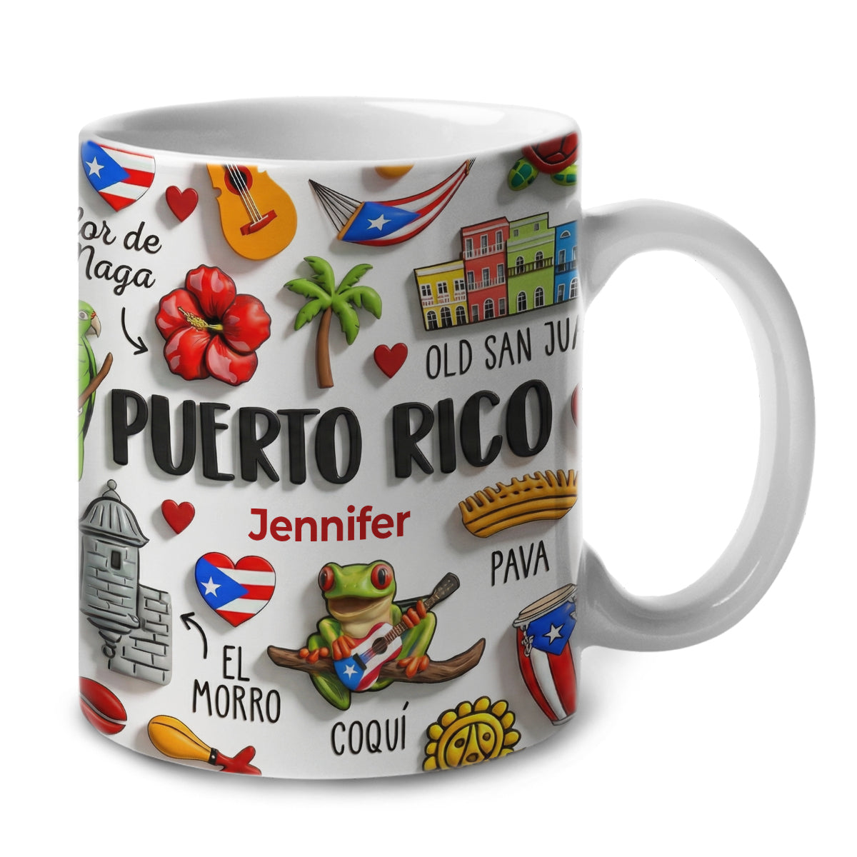 Puerto Rico Coffee Mug Cup With Custom Your Name Emboss Effect