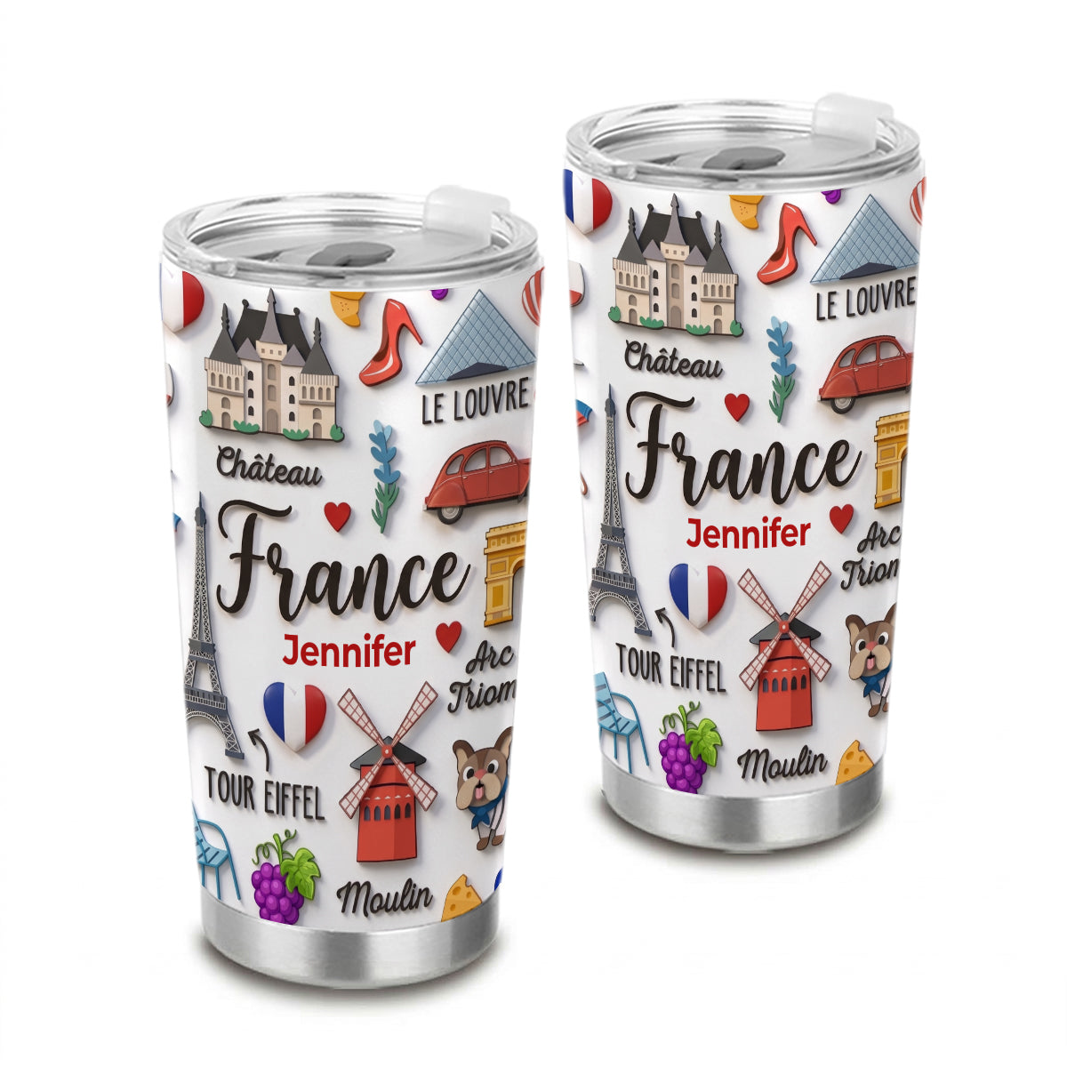 France Tumbler With Custom Your Name Emboss Effect