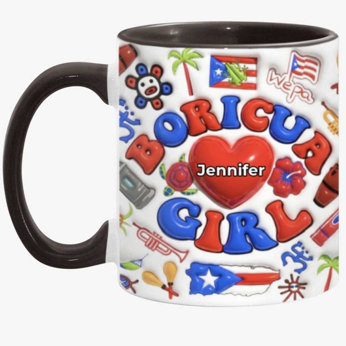 Custom Boricua Girl Accent Coffee Mug Cup With Name On Heart