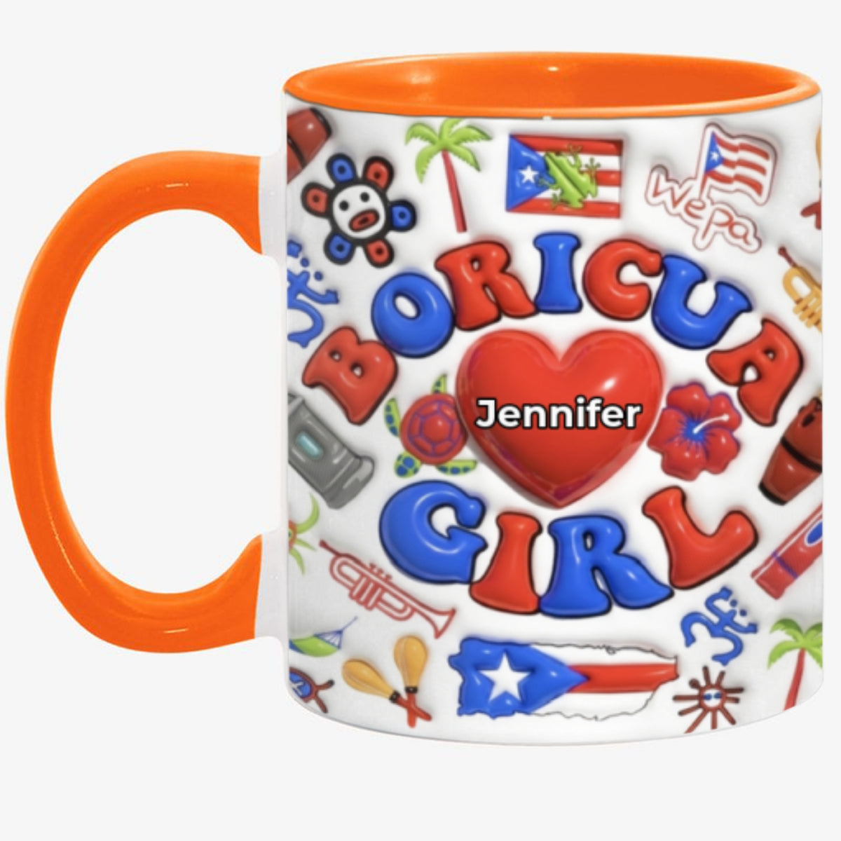 Custom Boricua Girl Accent Coffee Mug Cup With Name On Heart