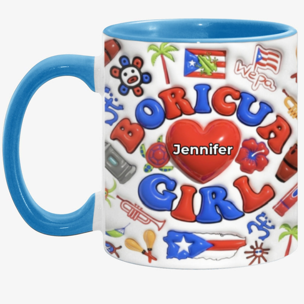 Custom Boricua Girl Accent Coffee Mug Cup With Name On Heart