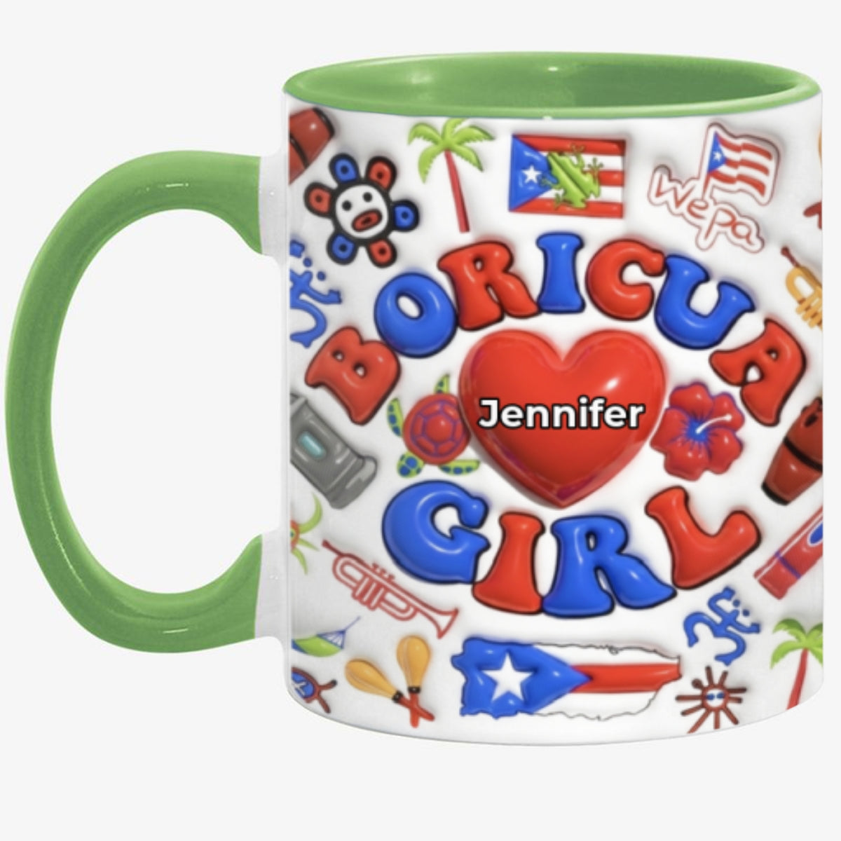 Custom Boricua Girl Accent Coffee Mug Cup With Name On Heart