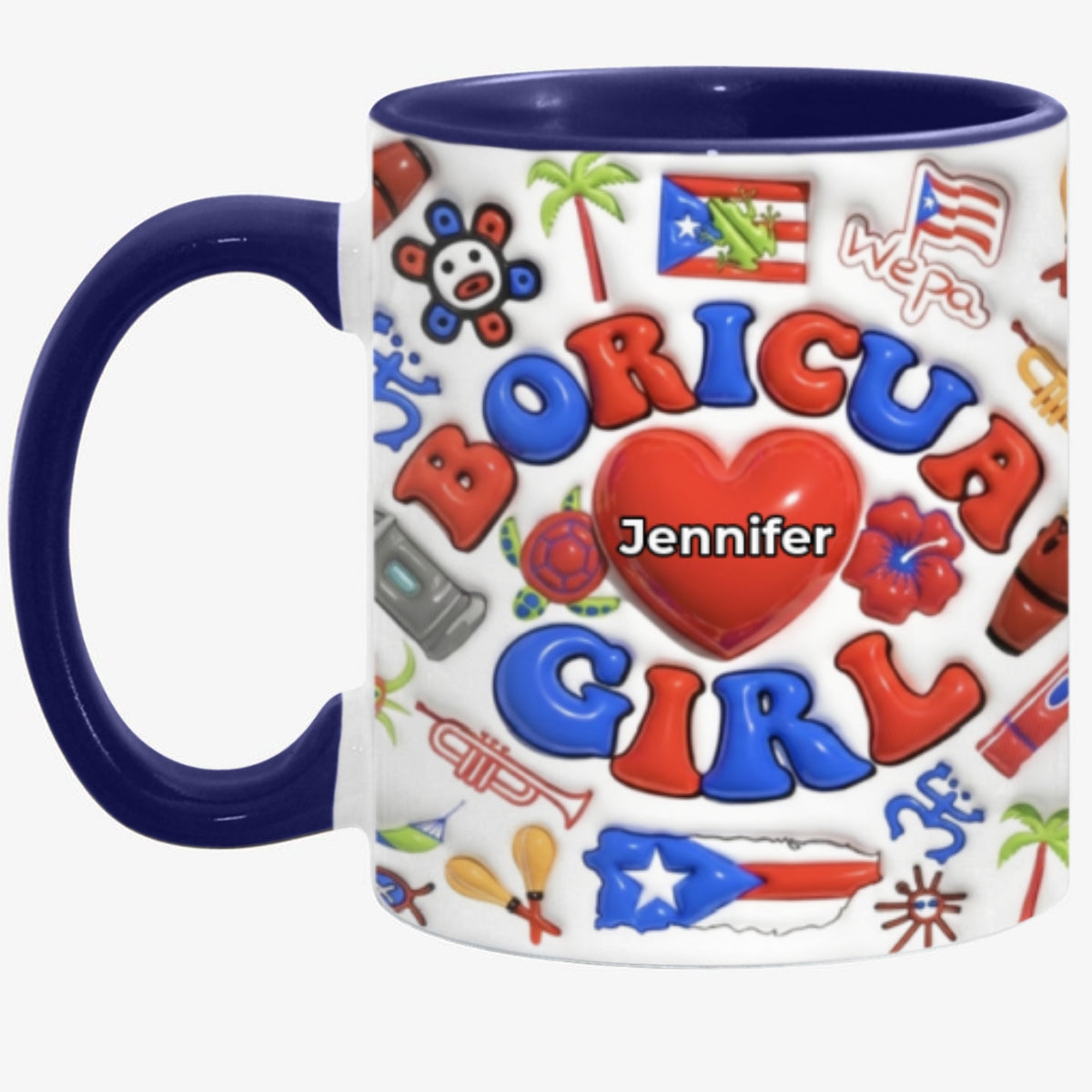 Custom Boricua Girl Accent Coffee Mug Cup With Name On Heart