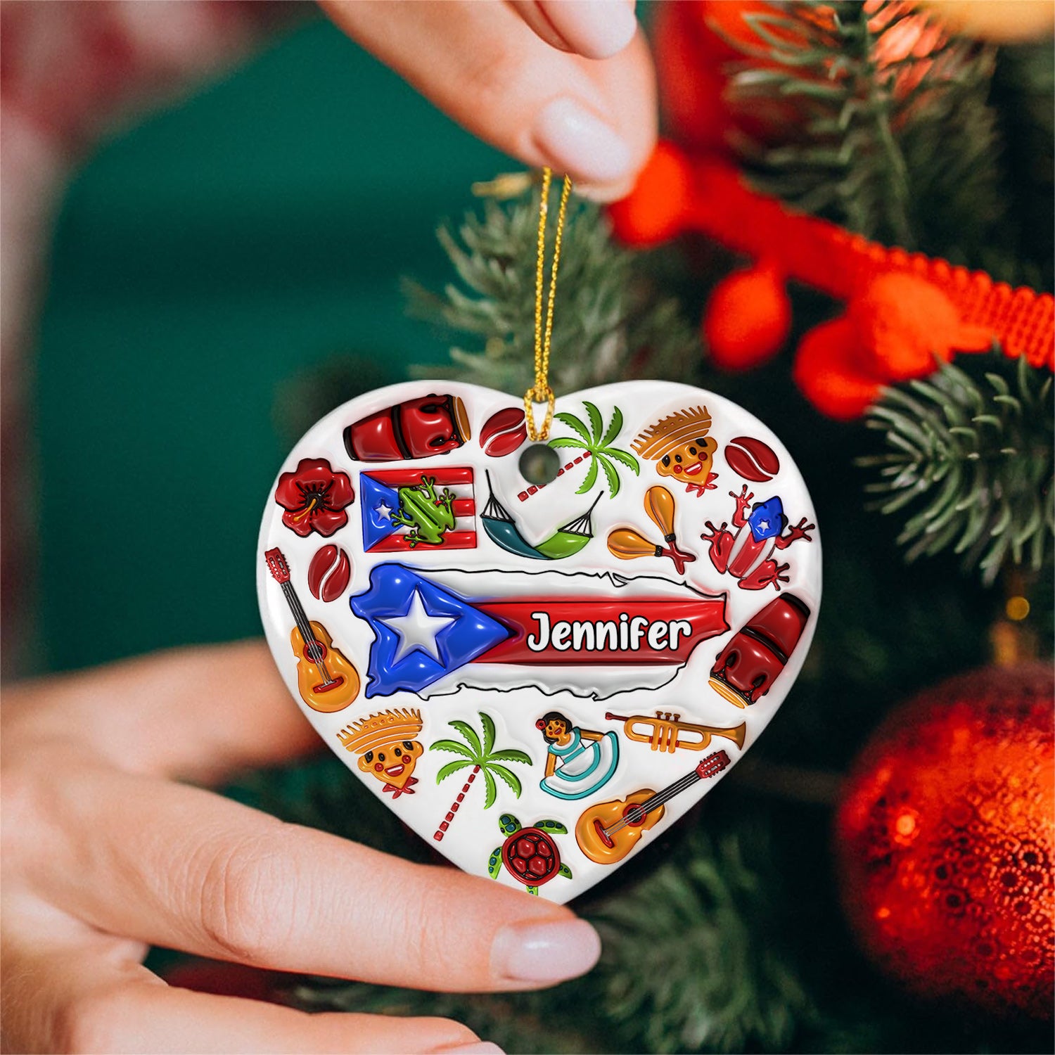 Custom Puerto Rico Heart Ornament With Many Symbols
