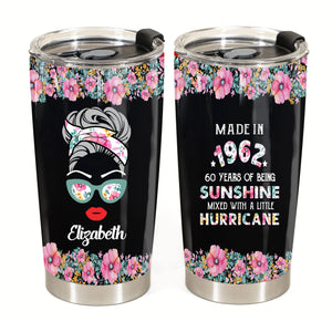 Personalized 60th Birthday Tumbler, Years Of Being Sunshine Mixed A Little Hurricane