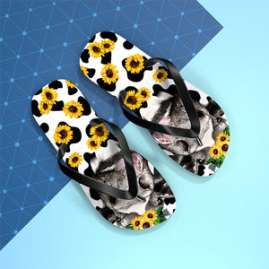 Cow Print Flip Flops With Sunflower