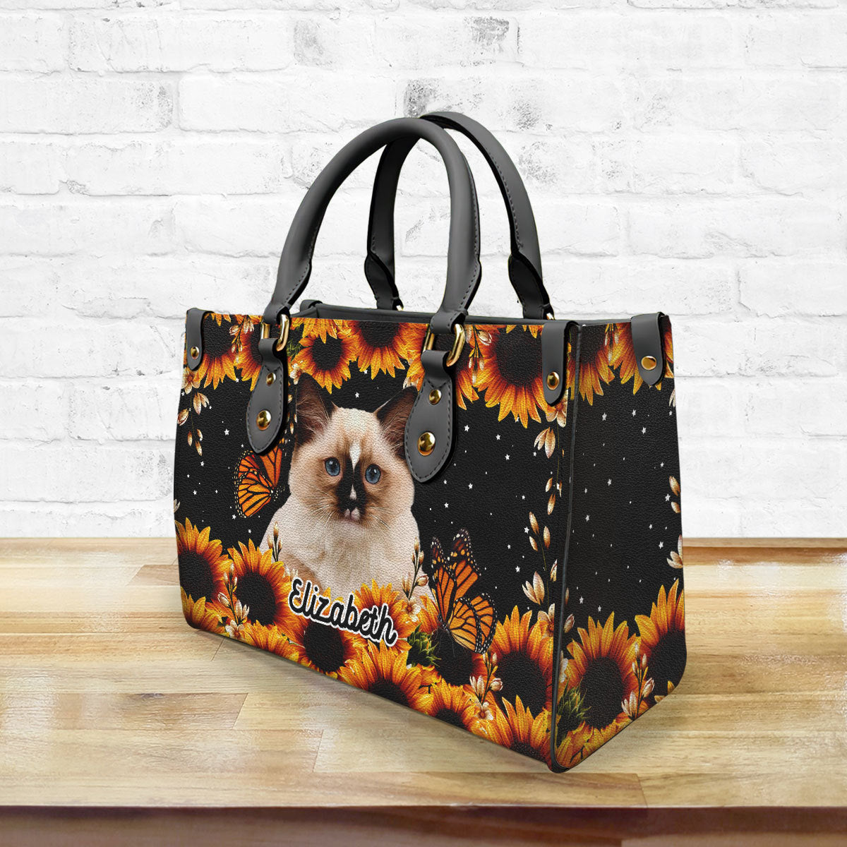 Cat Personalized Leather Handbag With Flower Pattern Black