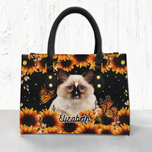 Cat Personalized Leather Handbag With Flower Pattern Black