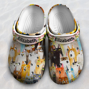 Colorful Cat Personalized Clogs Shoes With Your Name, Cat Clogs Shoes