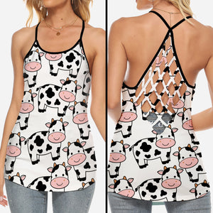 Cow Criss Cross Tank Top With Cartoon Style