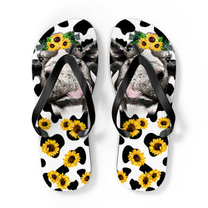 Cow Print Flip Flops With Sunflower