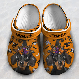 Super Cute Dachshund In Halloween Witch Hat Personalized Clogs Shoes