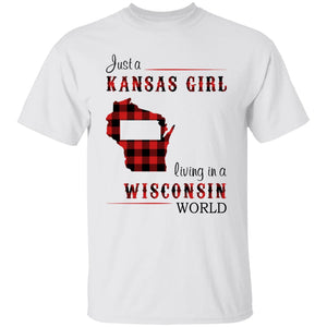 Just A Kansas Girl Living In A Wisconsin World T-shirt - T-shirt Born Live Plaid Red Teezalo