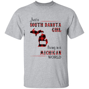 Just A South Dakota Girl Living In A Michigan World T-shirt - T-shirt Born Live Plaid Red Teezalo
