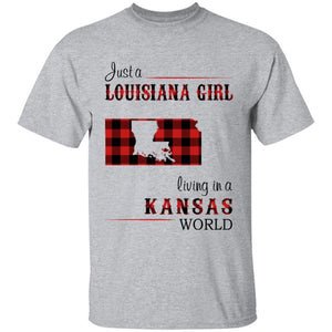 Just A Louisiana Girl Living In A Kansas World T-shirt - T-shirt Born Live Plaid Red Teezalo