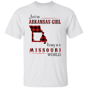 Just An Arkansas Girl Living In A Missouri World T-shirt - T-shirt Born Live Plaid Red Teezalo