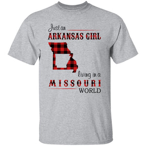 Just An Arkansas Girl Living In A Missouri World T-shirt - T-shirt Born Live Plaid Red Teezalo
