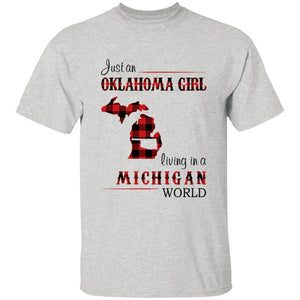 Just An Oklahoma Girl Living In A Michigan World T-shirt - T-shirt Born Live Plaid Red Teezalo
