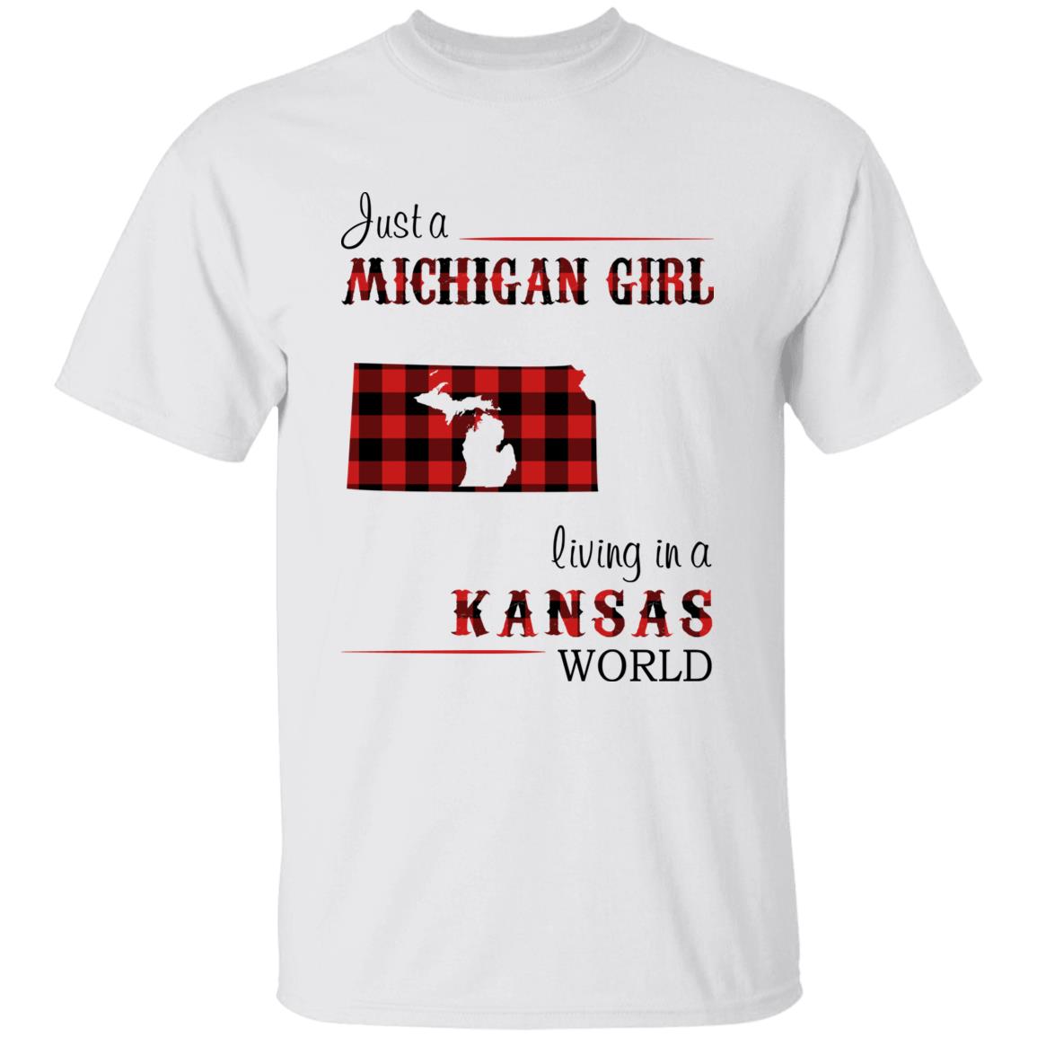 Just A Michigan Girl Living In A Kansas World T-shirt - T-shirt Born Live Plaid Red Teezalo