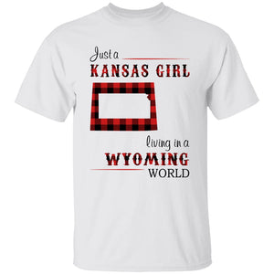 Just A Kansas Girl Living In A Wyoming World T-shirt - T-shirt Born Live Plaid Red Teezalo
